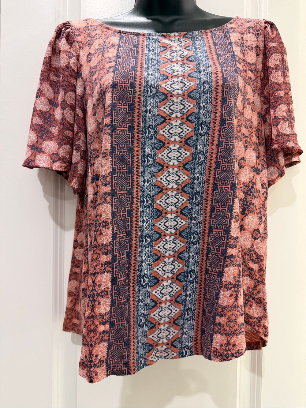 Lucky Brand Mixed Media Boho Paisley Flutter Sleeve Blouse M